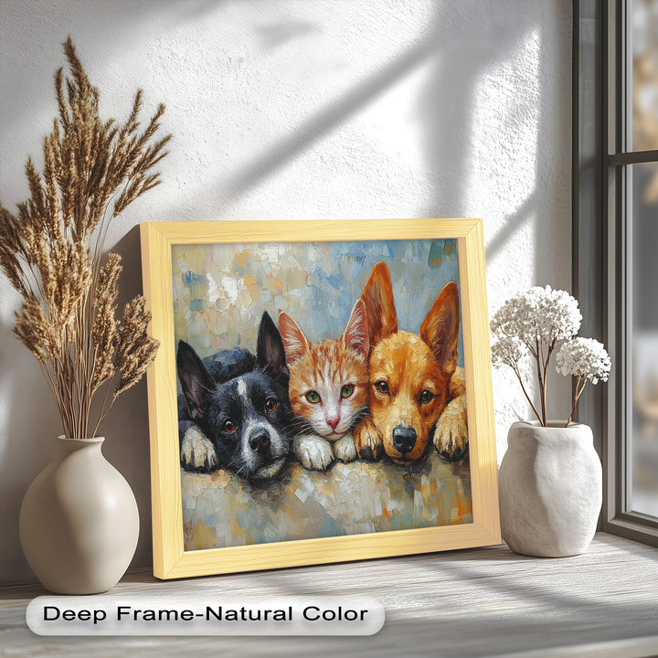 Cat and Dogs Resting Together - Animal Oil Painting