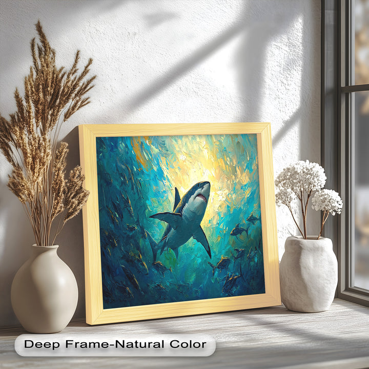 Great White Shark in Sunlit Ocean Depths – Animal Oil Painting