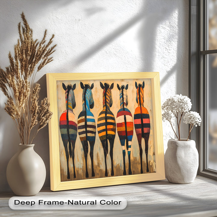 Five Colorful Zebras with Bold Stripes – Animal Oil Painting