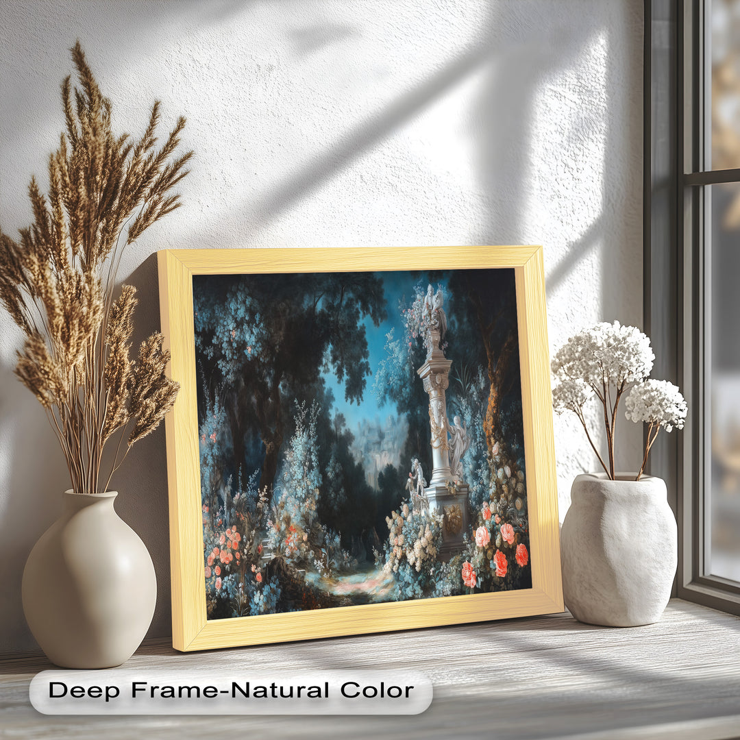 Moonlit Garden with Classical Column – Romantic Rococo Oil Painting
