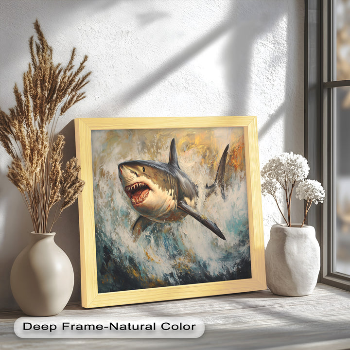 Ferocious Great White Shark Leaping Through Waves - Animal Oil Painting