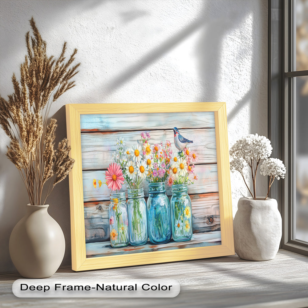This delightful floral artwork captures the essence of country charm, as daisies and blossoms spill from vintage blue jars, bringing warmth and nostalgia to the scene.