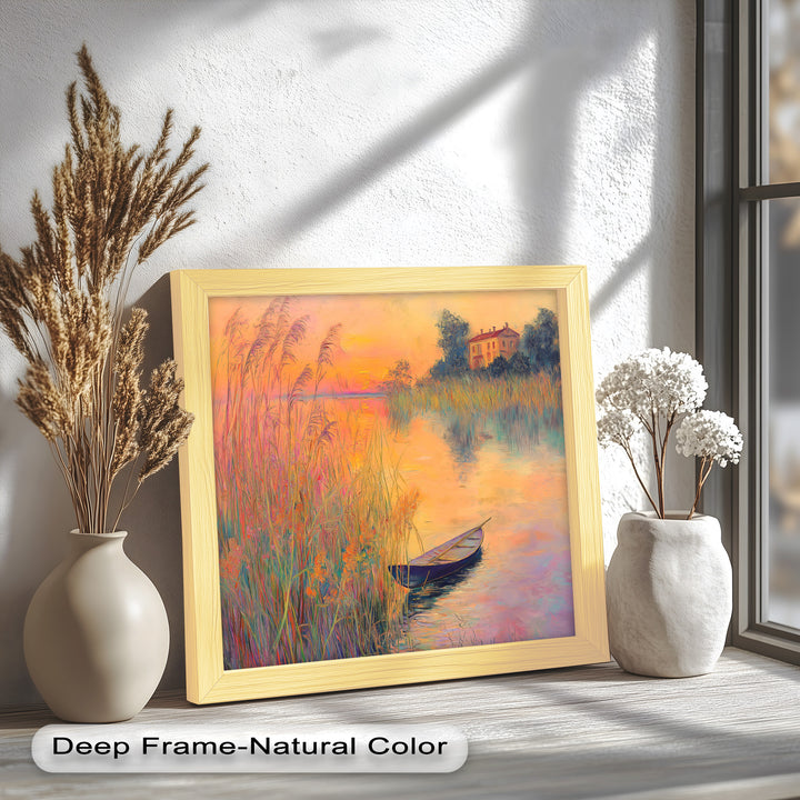 Golden Reeds and Sunset Rowboat – Impressionist Oil Painting
