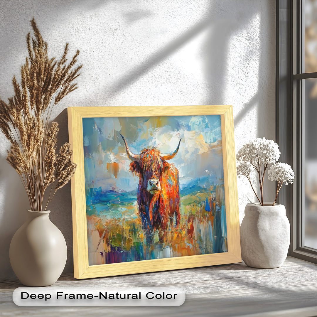 Highland Cow in Windswept Fields - Animal Oil Painting