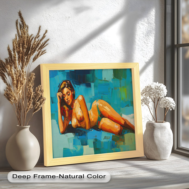 Tropical Repose – Reclining Woman with Ocean Tones Oil Painting