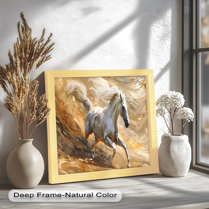 A mesmerizing digital or oil painting capturing the grace and power of a white horse running freely, with fluid textures and warm metallic tones creating a striking effect.
