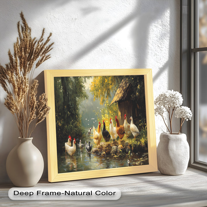 Country Farmyard Chickens by the Stream – Animal Oil Painting