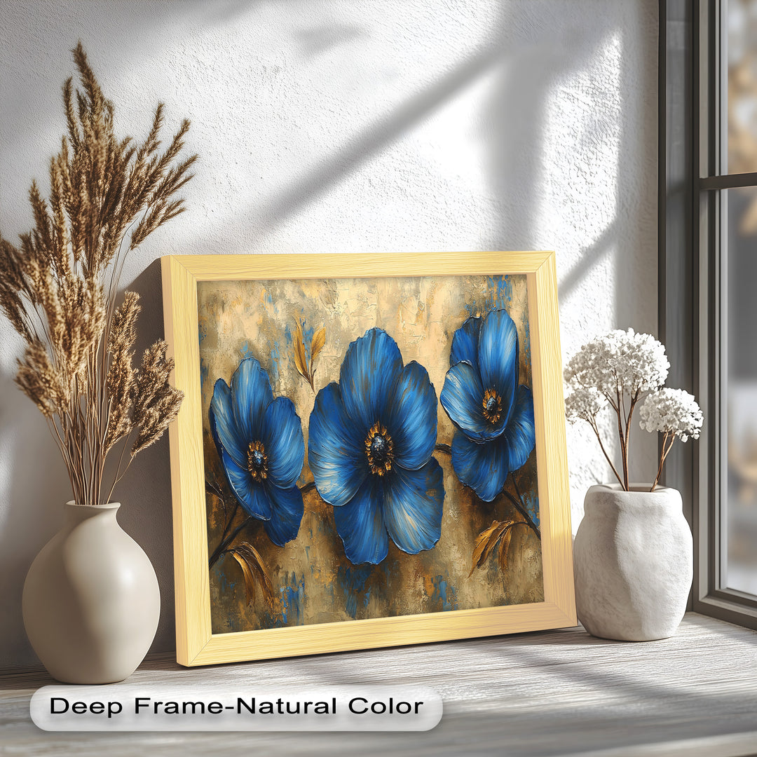 Golden Beige Elegance – Royal Blue Floral Trio Flower Oil Painting