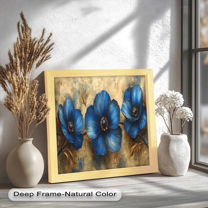 Golden Beige Elegance – Royal Blue Floral Trio Flower Oil Painting