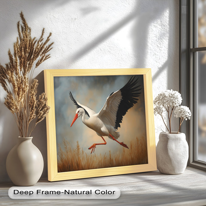 Stork in Flight over Golden Grasses – Animal Oil Painting