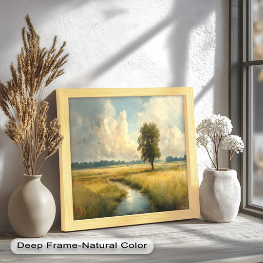 Close-up on the finish of a framed modern oil painting art of a sunlit meadow landscape with a tranquil stream and tree standing on a field.