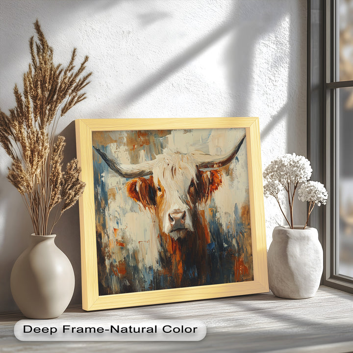 Highland Cow with White Horns – Animal Oil Painting