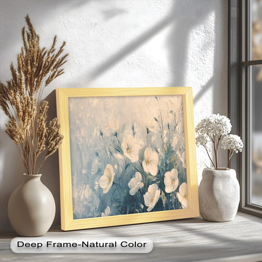 Illuminated by natural light, the textured background enhances the soft tones of the white wildflower oil painting art prints with its subtle yet striking presence.