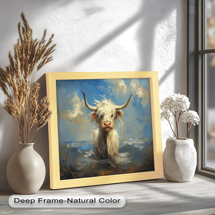 Highland Cow in Coastal Waters – Animal Oil Painting