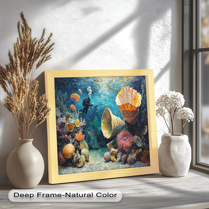 Diver Exploring Coral Reefs with Giant Shells - Animal Oil Painting