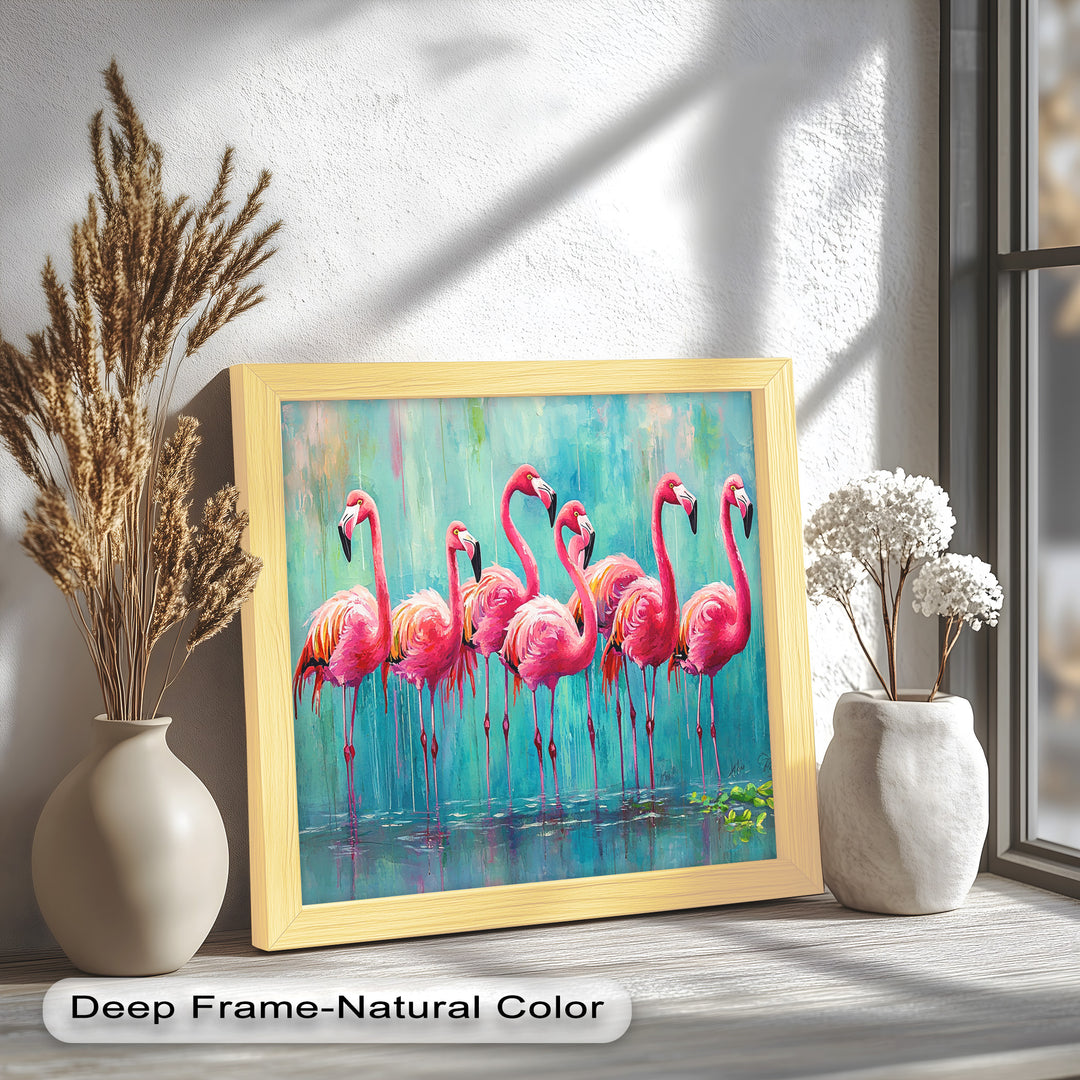 Flamingoschwarm auf dem Wasser – Tierölgemälde