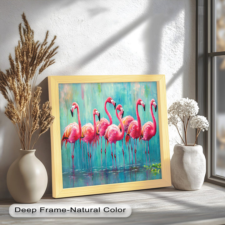Flamingoschwarm auf dem Wasser – Tierölgemälde