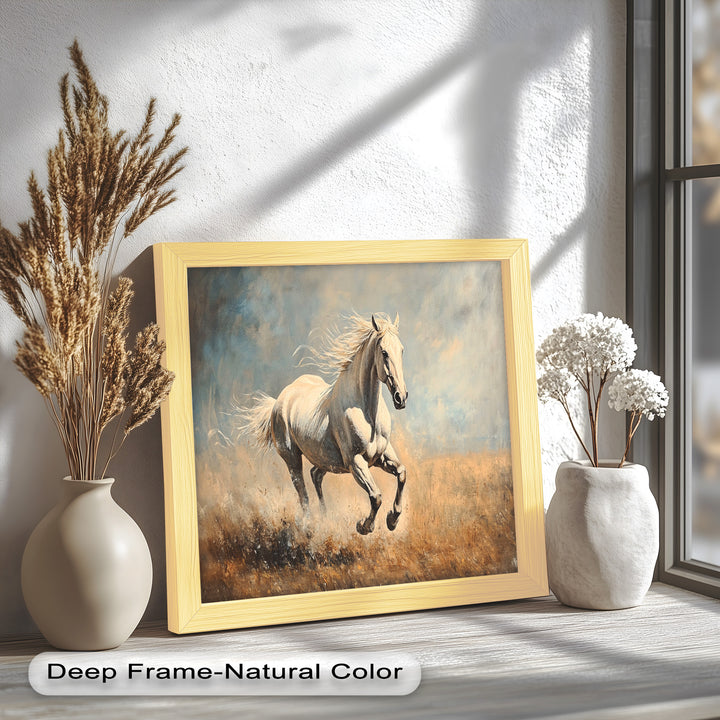 Bold horse painting featuring a muscular white horse in action.
