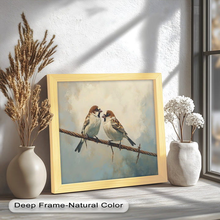 Two Sparrows on a Wire – Bird Oil Painting