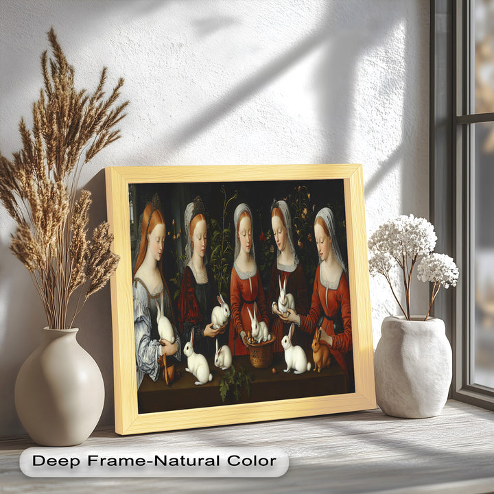 Maiden Garden Gathering – Renaissance Rabbit Portrait Oil Painting