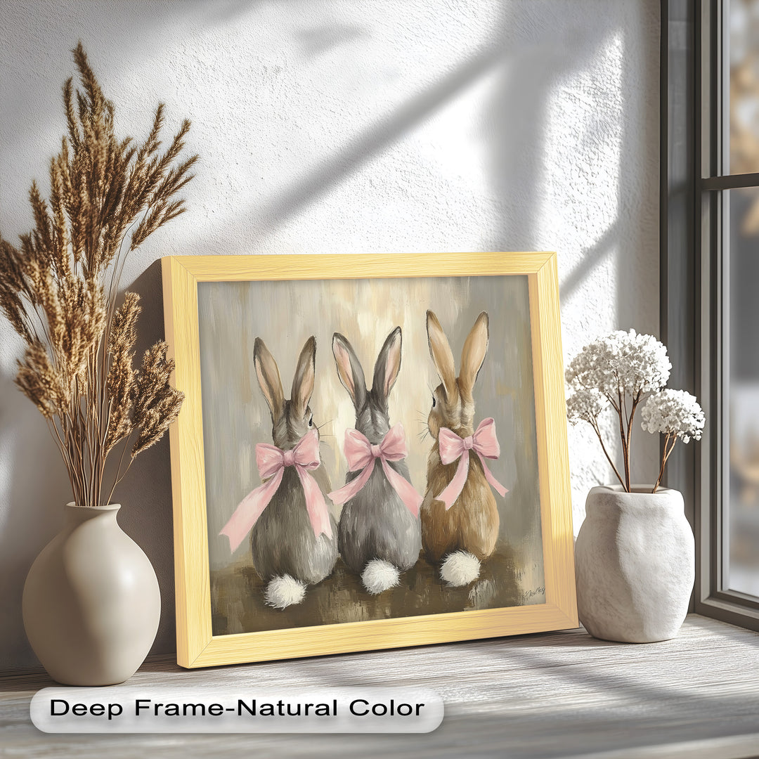 Trio of Bunnies with Pink Bows – Animal Oil Painting