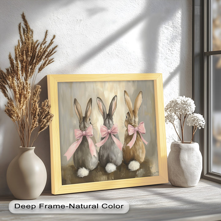 Trio of Bunnies with Pink Bows – Animal Oil Painting