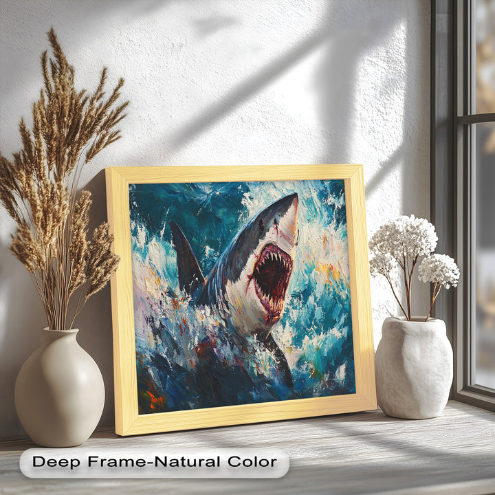 Ferocious Shark Emerging from Turbulent Waters – Animal Oil Painting