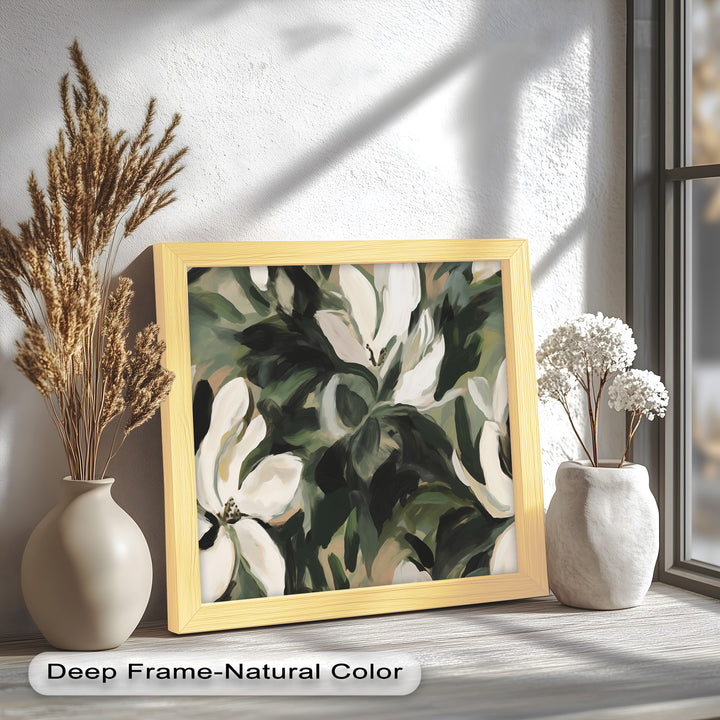 Cream Blooms in Forest Green - Flower Oil Painting