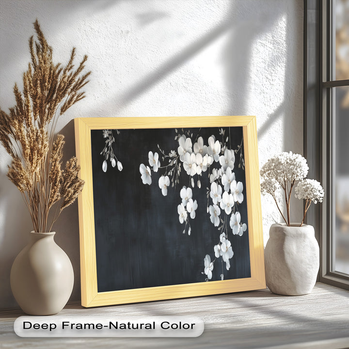 White Cherry Flowers on Midnight Blue - Flower Oil Painting