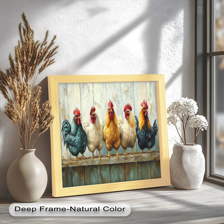 Colorful Roosters on a Wooden Fence – Animal Oil Painting