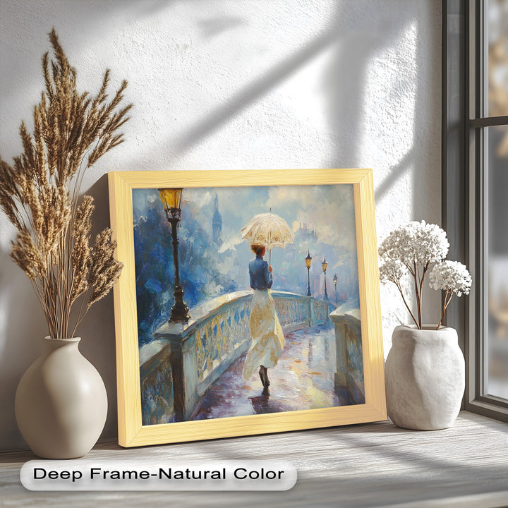 Woman with Umbrella on Cobblestone Bridge – Oil Painting