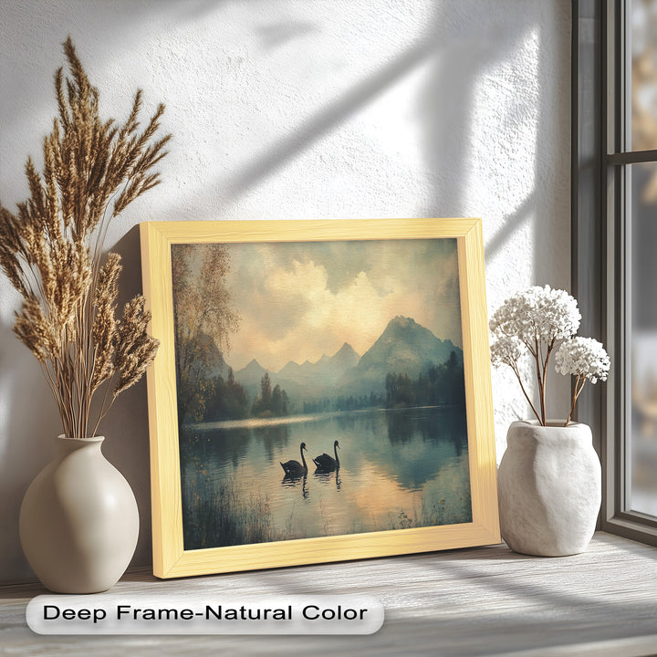 Black Swans on a Mountain Lake – Modern Oil Painting