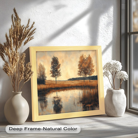 Bathed in the brightest area, the Wilhelm Goebel 'Muskrat Marsh' oil painting artwork reveals a tranquil marsh scene with autumn trees reflected in the water.