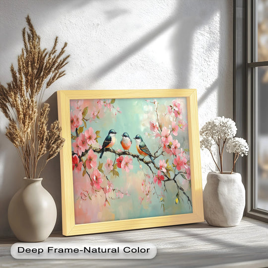 Softly colored oil painting home decor captures three songbirds perched among vibrant pink cherry blossoms in a wooden frame, basking in gentle sunlight.