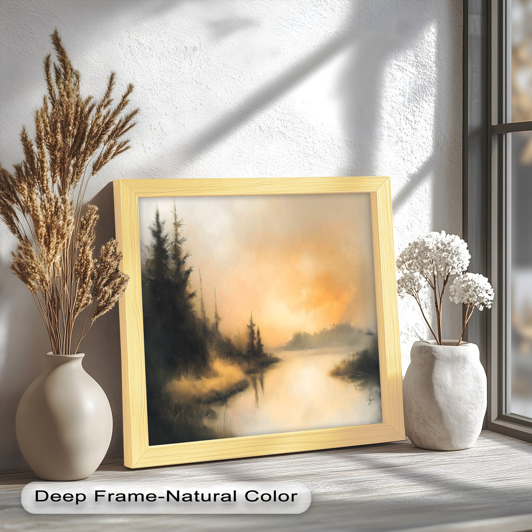 A timeless oil painting-inspired landscape portraying a calm lake surrounded by dark pine trees, with warm golden tones evoking a sense of solitude and tranquility.