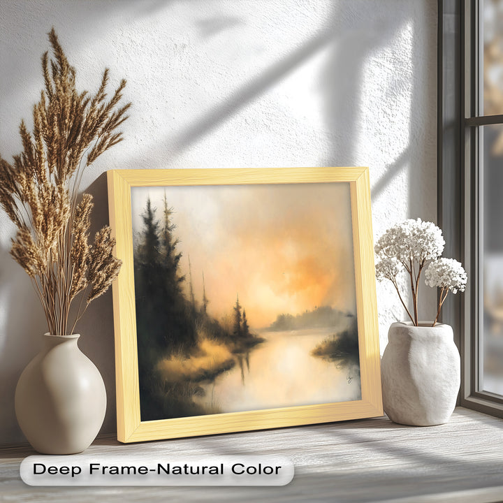 A timeless oil painting-inspired landscape portraying a calm lake surrounded by dark pine trees, with warm golden tones evoking a sense of solitude and tranquility.