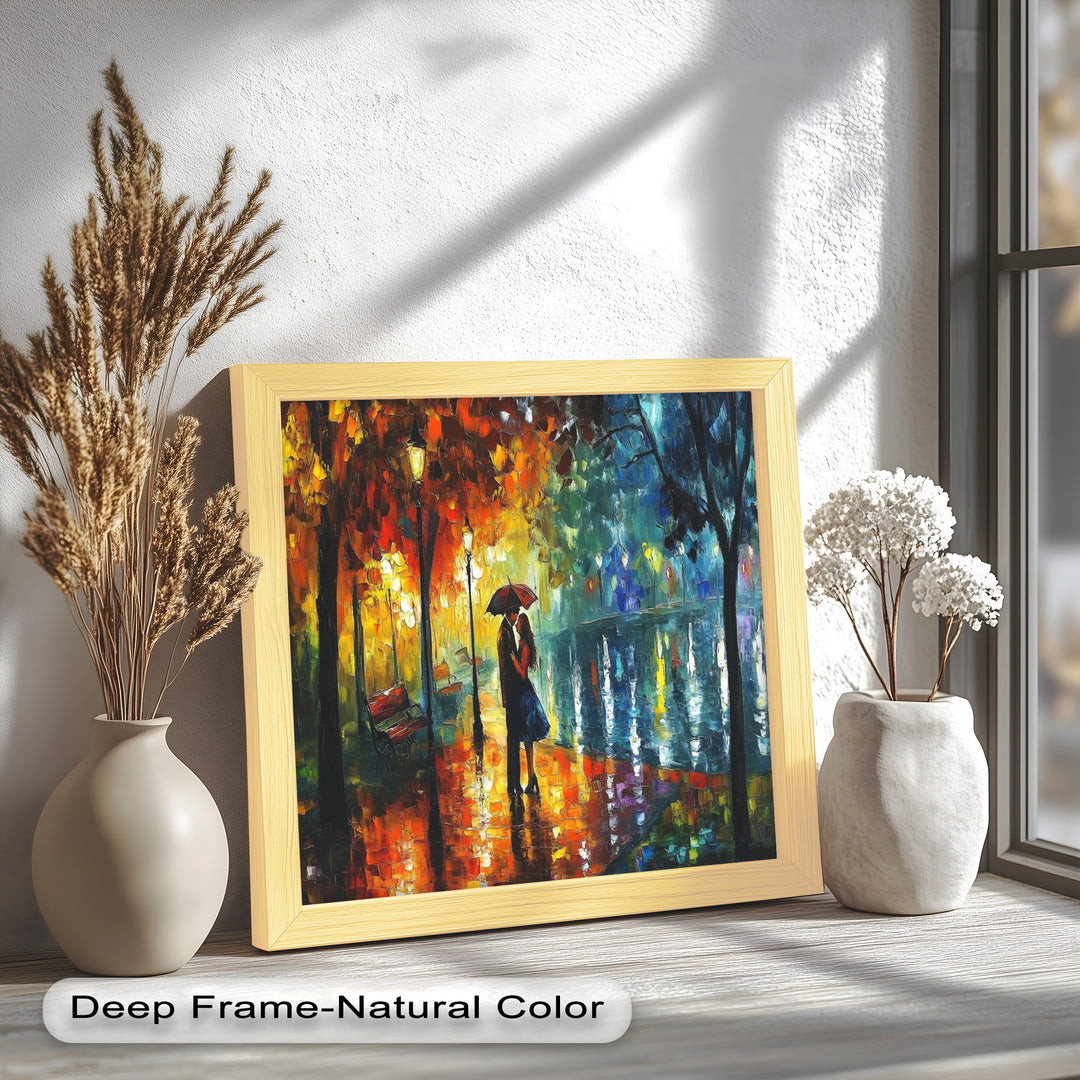 Golden Glow – Lovers Beneath the Umbrella Love Oil Painting