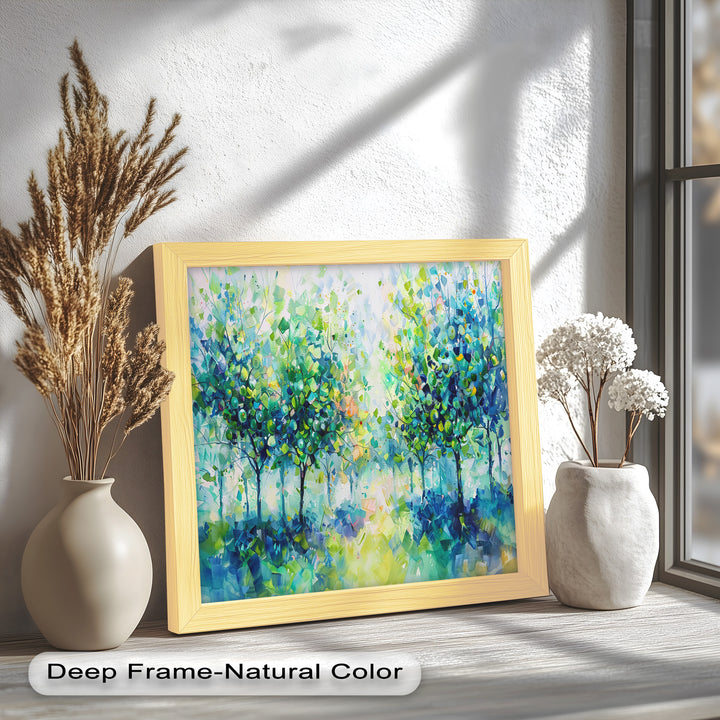 Blue & Green Forest Landscape – Abstract Nature Oil Painting