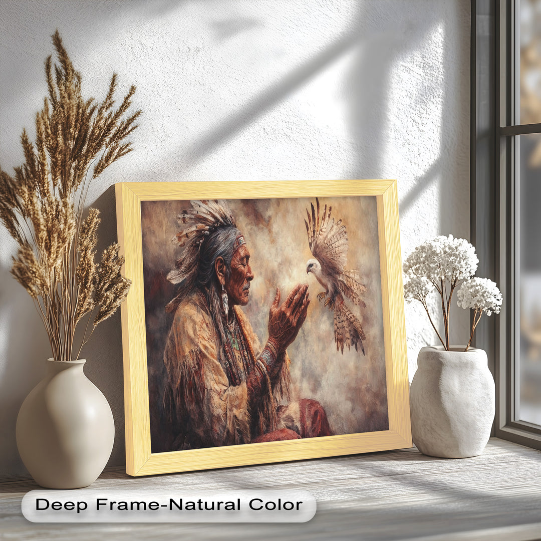 Whisper to the Spirit – Native Elder and Falcon Oil Painting