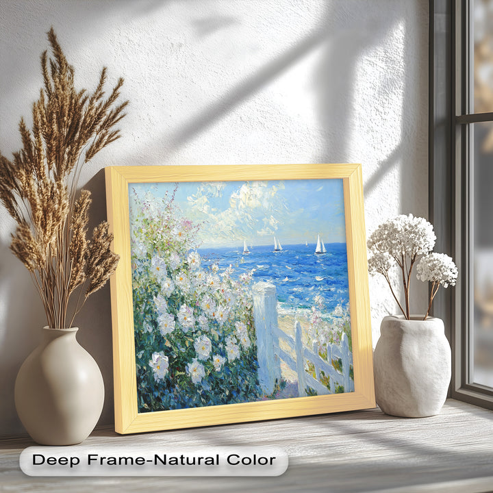 White Rose Garden with Sailboats – Impressionist Oil Painting