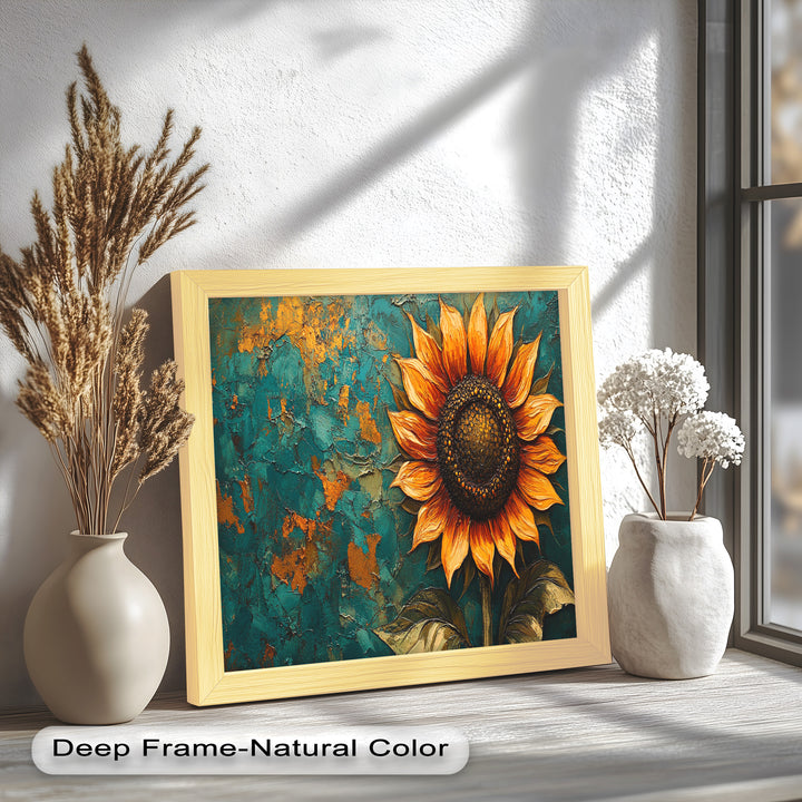 Sunflower on Textured Teal - Flower Oil Painting