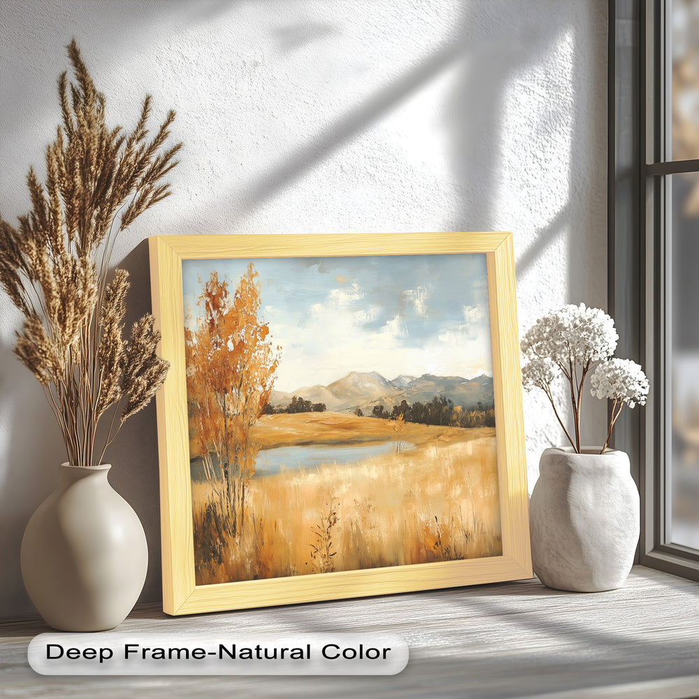 Rolling hills and soft brushstrokes bring warmth to this serene countryside landscape, where golden tones and distant mountains create a harmonious and inviting composition.