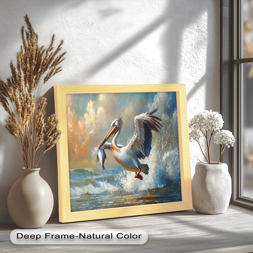Pelican Catching Fish in Ocean Surf – Animal Oil Painting