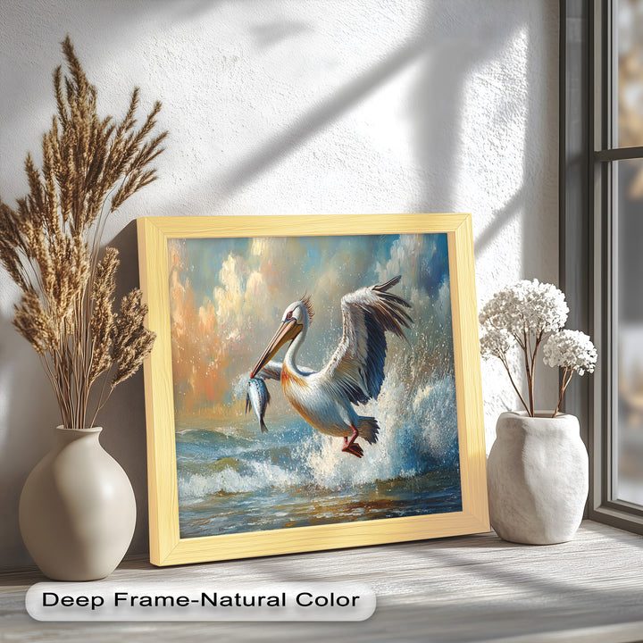 Pelican Catching Fish in Ocean Surf – Animal Oil Painting