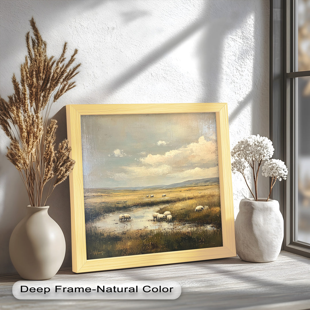 Celebrate the serenity of nature with this exquisite oil painting of a peaceful meadow. The soft clouds, distant hills, and grazing sheep add depth and harmony, making this framed wall art a perfect addition to any home.