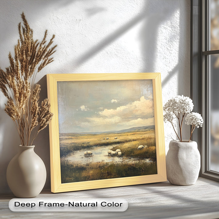 Celebrate the serenity of nature with this exquisite oil painting of a peaceful meadow. The soft clouds, distant hills, and grazing sheep add depth and harmony, making this framed wall art a perfect addition to any home.