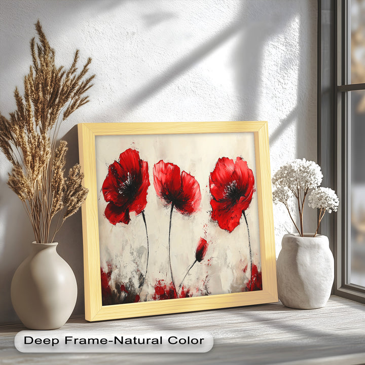 Crimson Elegance – Bold Red Poppies on Cream Flower Oil Painting