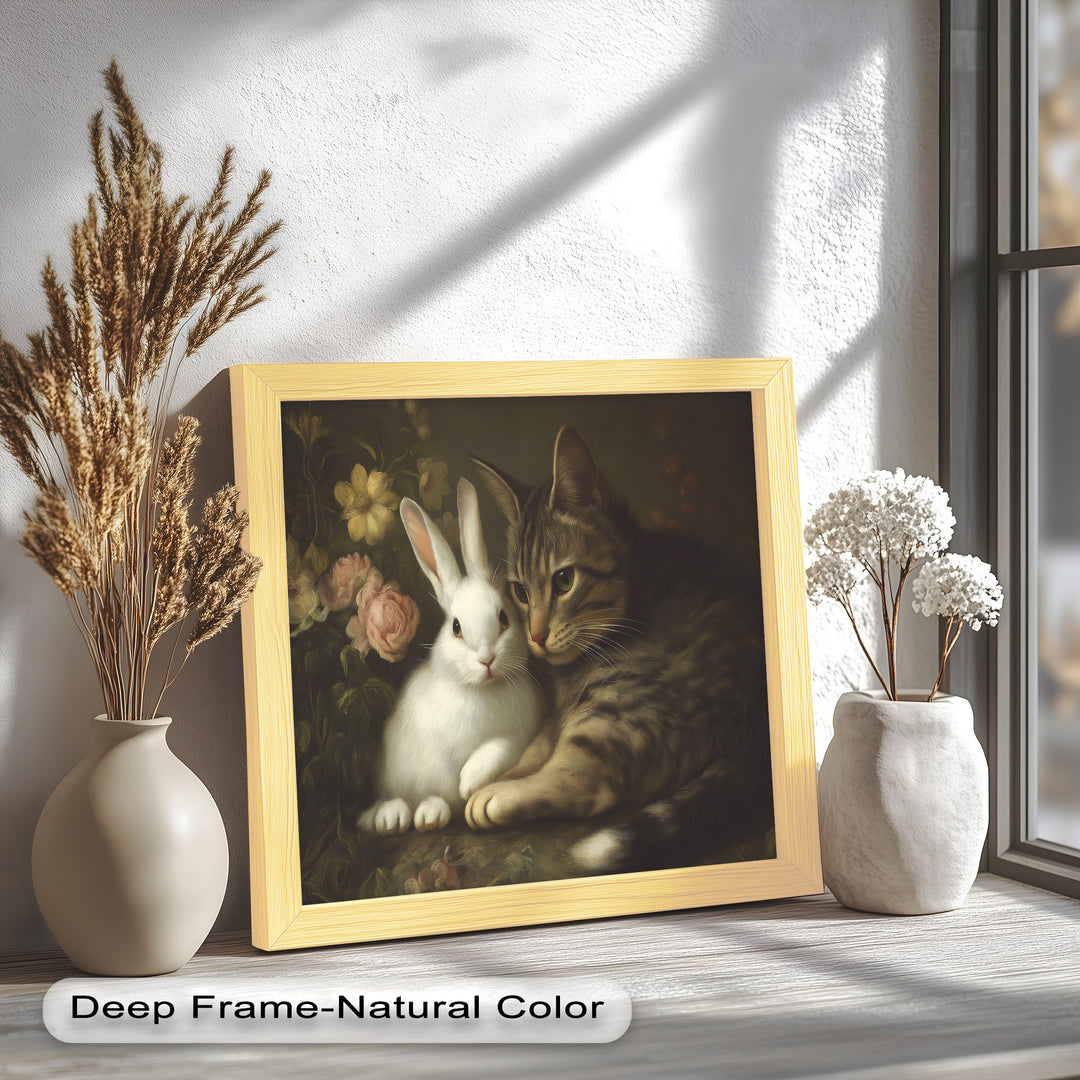 Cat and Rabbit in Floral Harmony - Animal Oil Painting