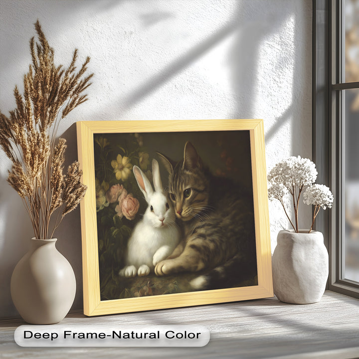 Cat and Rabbit in Floral Harmony - Animal Oil Painting