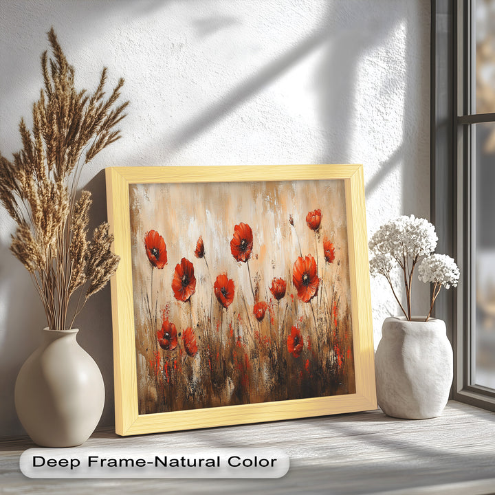 Fiery Meadow – Scarlet Poppies in Earth-Toned Field Flower Oil Painting